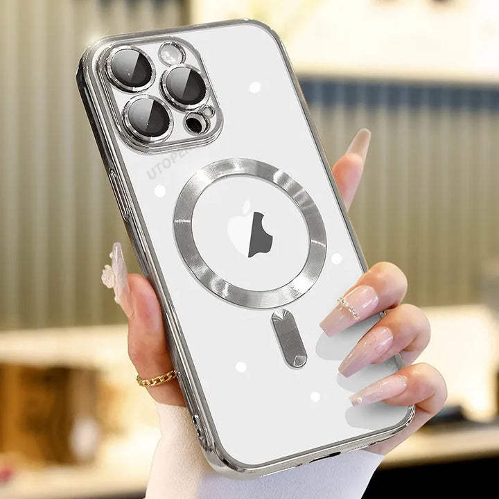 Original Plating Transparent Not Yellowing Case for iPhone 16 15 14 13 12 11 Pro Max Plus Fall Prevention Magsafe Magnetic Cover