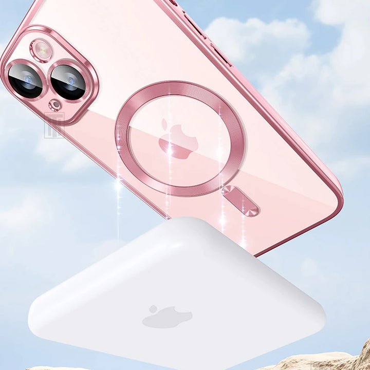 Original Plating Transparent Not Yellowing Case for iPhone 16 15 14 13 12 11 Pro Max Plus Fall Prevention Magsafe Magnetic Cover